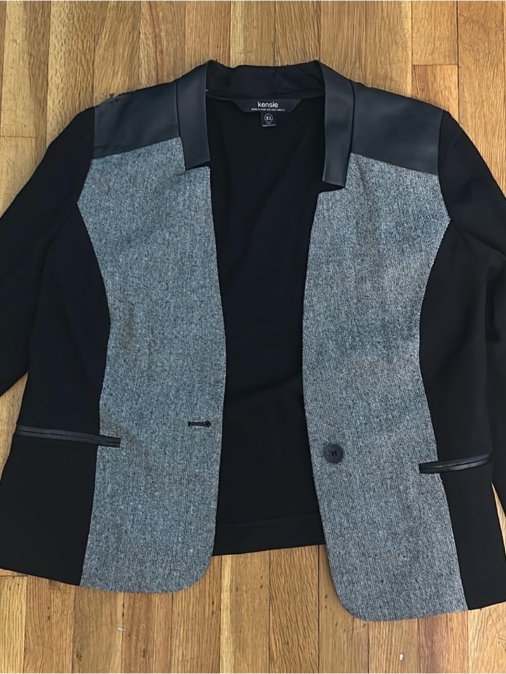 Kensie Two-Tone Black and Gray Ponte Blazer with Faux Leather Trim